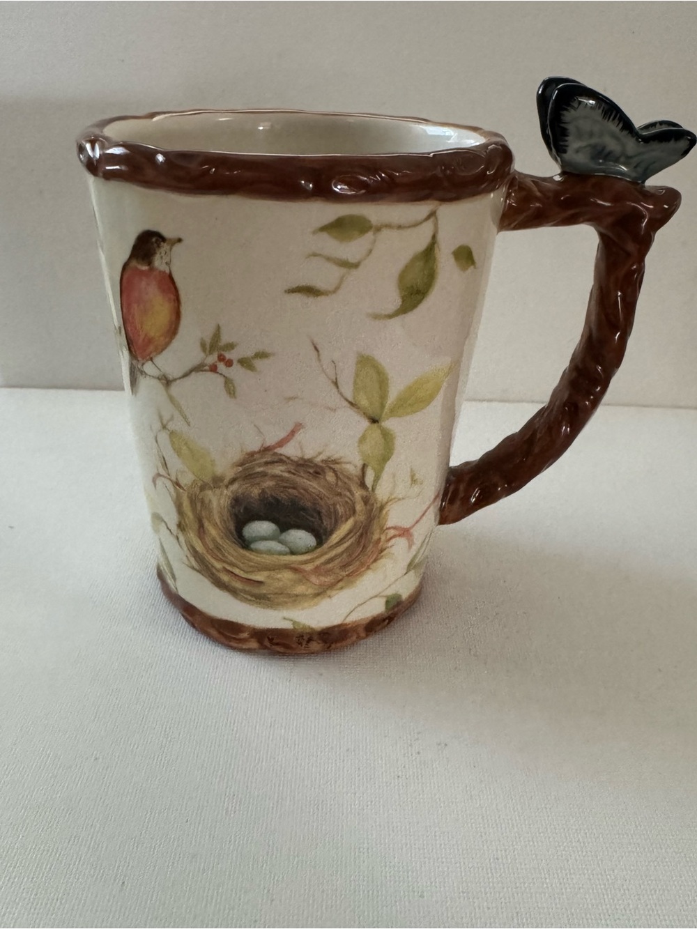Cracker Barrel Cream and Brown Bird Nest Ceramic Mug with Butterfly Handle